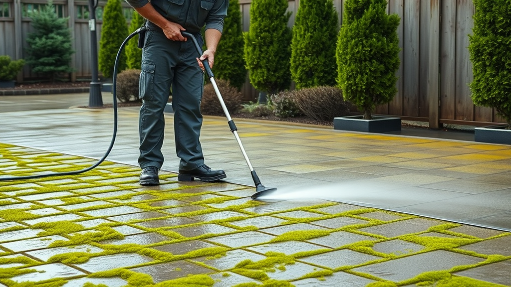 Expert pressure washing pavers in Eugene, OR, cleaning mossy walkway for safety