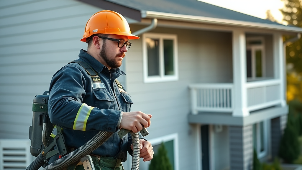 Professional technician cleaning gutters with specialized equipment, efficient and thorough cleaning, modern home. gutter cleaning