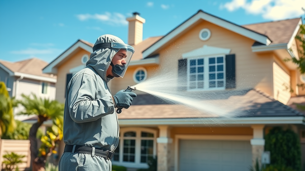 clean and inviting suburban home soft wash technician spraying roof exterior surfaces