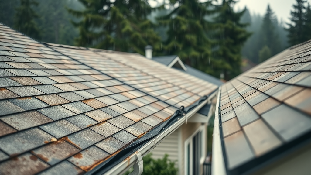 gutter cleaning eugene, rain gutters in residential Oregon neighborhood, technician inspecting water damage on roof and siding