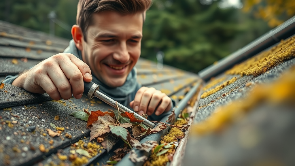 Gutter cleaning Eugene Oregon technician removing debris for roof care