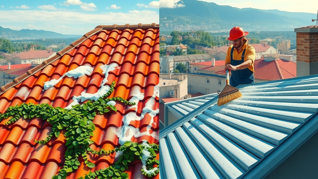 clean a roof: Split view of tile and metal roof being cleaned, showing safe cleaning in progress.