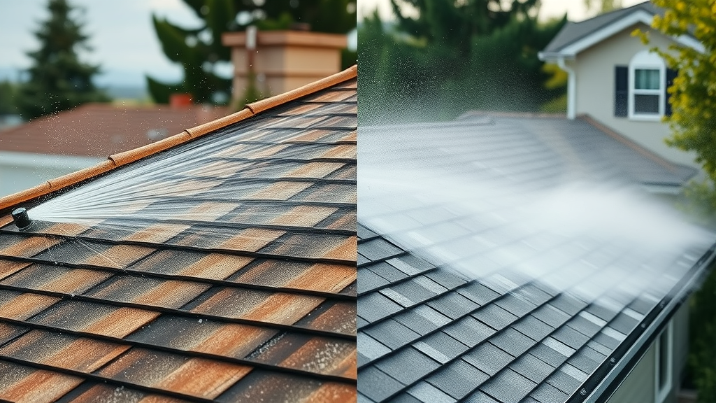 comparison of gentle soft wash roof cleaning to damaging high-pressure wash on Eugene home