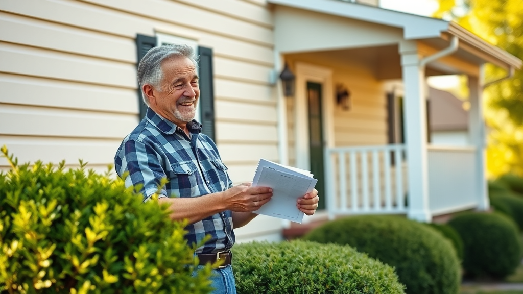happy homeowner with checklist inspects clean siding, suburban house with tidy landscaping, vibrant afternoon light, photorealistic