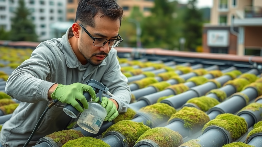 Technician applying eco-friendly moss treatment to roof in Eugene, Oregon; roof cleaning professional with spray equipment and visible mist, urban and green landscaping background