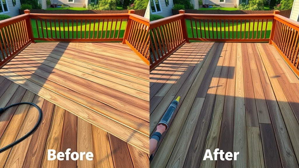 Before-and-after of deck cleaned with pressure washer, showing dramatic difference between weathered and clean wood, photorealistic outdoor scene