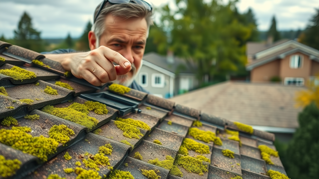 Moss and debris on a Eugene Oregon roof; roof cleaning Eugene Oregon in action