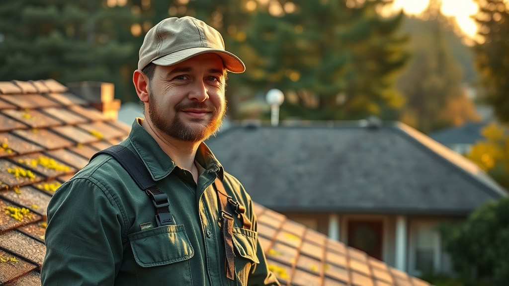 Eugene roof cleaning expert with spotless roof and happy homeowner in background