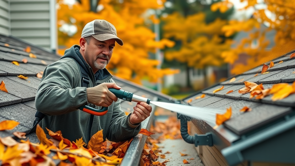 Oregon autumn leaves in gutters with professional downspout flush and Eugene trees in background