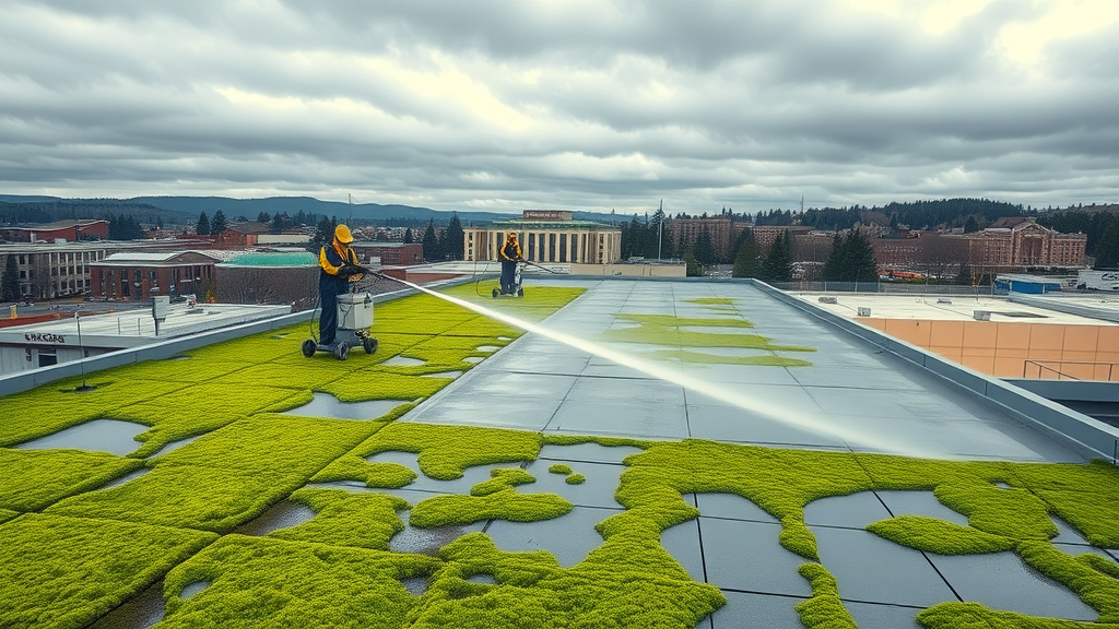 Professional commercial roof cleaning in Eugene, OR with moss removal and city skyline.