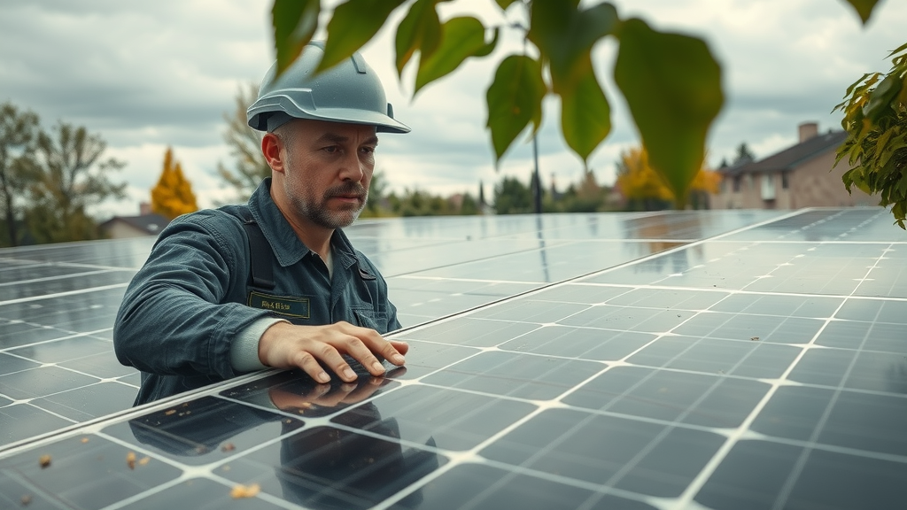 solar panel technician inspecting grimy panels in suburban Eugene, with visible pollen and clouds