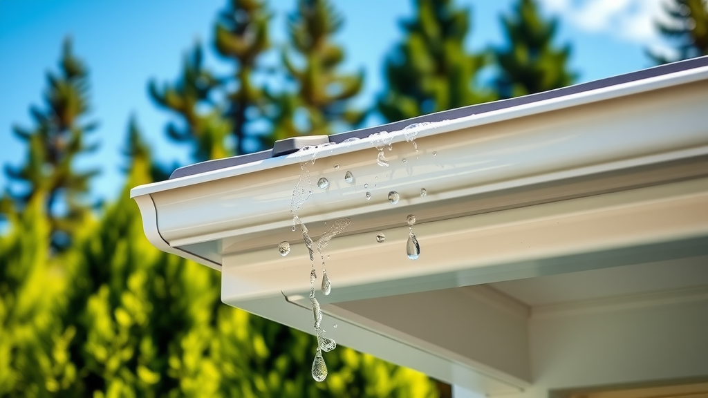 Eugene gutter cleaning tips, pristine clean gutters, shiny morning sun, Oregon pines, clean gutter system, water droplets, home maintenance