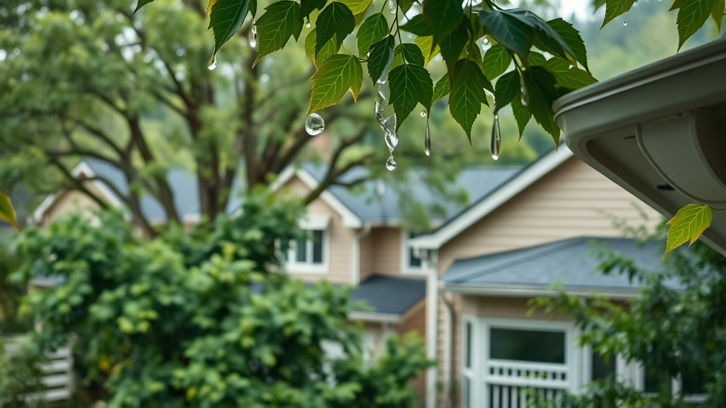 Eugene residential neighborhood gutter cleaning tips, rainy weather, inspecting gutter systems, clean gutters, photorealistic, Pacific Northwest homes, wet leaves, wide-angle