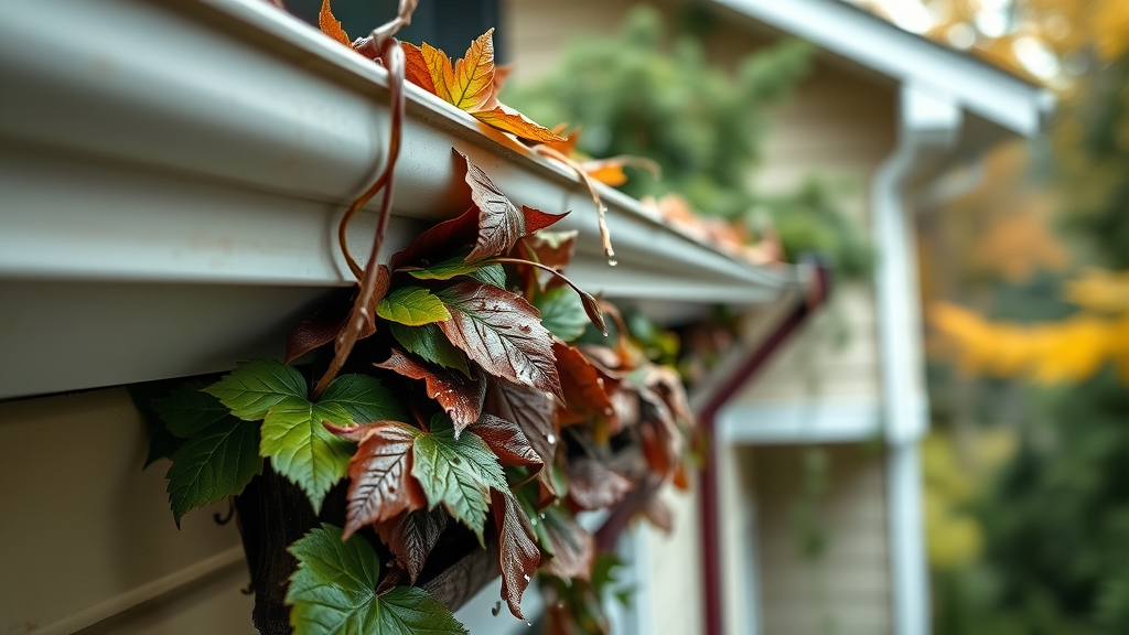 clogged home gutter gutter cleaning eugene technician removing debris, Eugene home exterior with fir and maple trees, rain droplets present