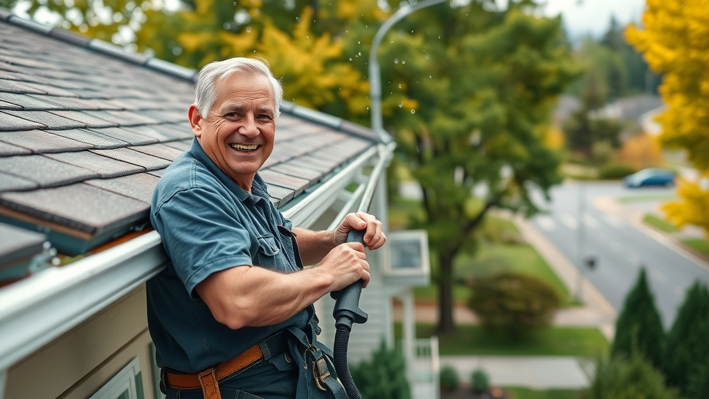 Vivid residential Eugene Oregon home with clean gutters, smiling homeowner, and technician on ladder cleaning gutter. Lush Pacific Northwest trees in the background, highly detailed.
