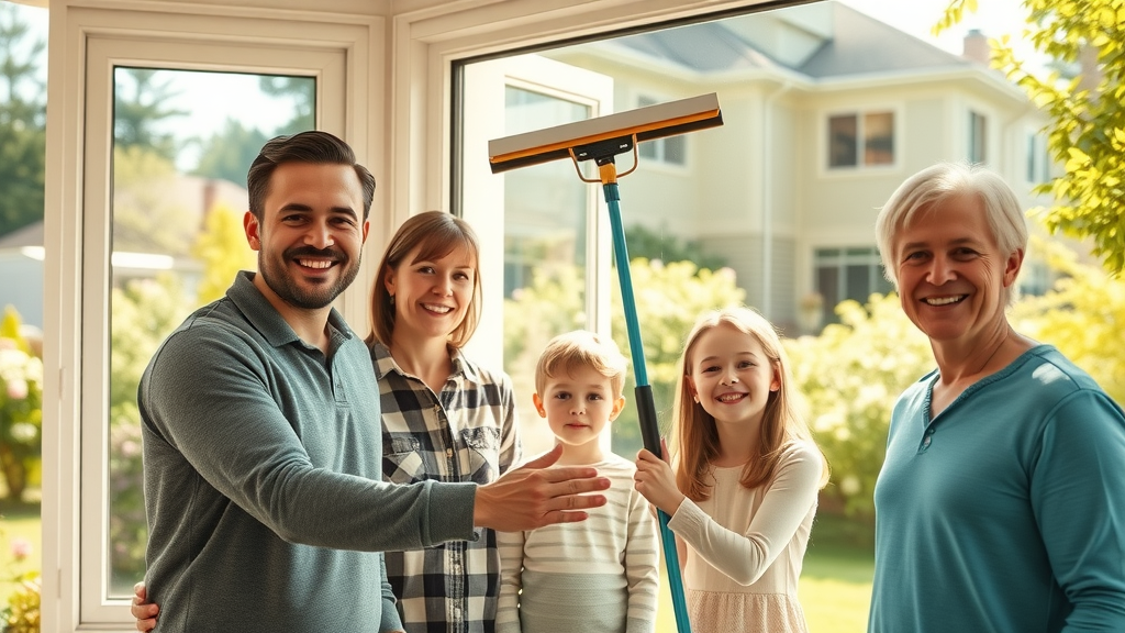 sunlit suburban home with sparkling clean windows, window cleaner using squeegee - window cleaners residential