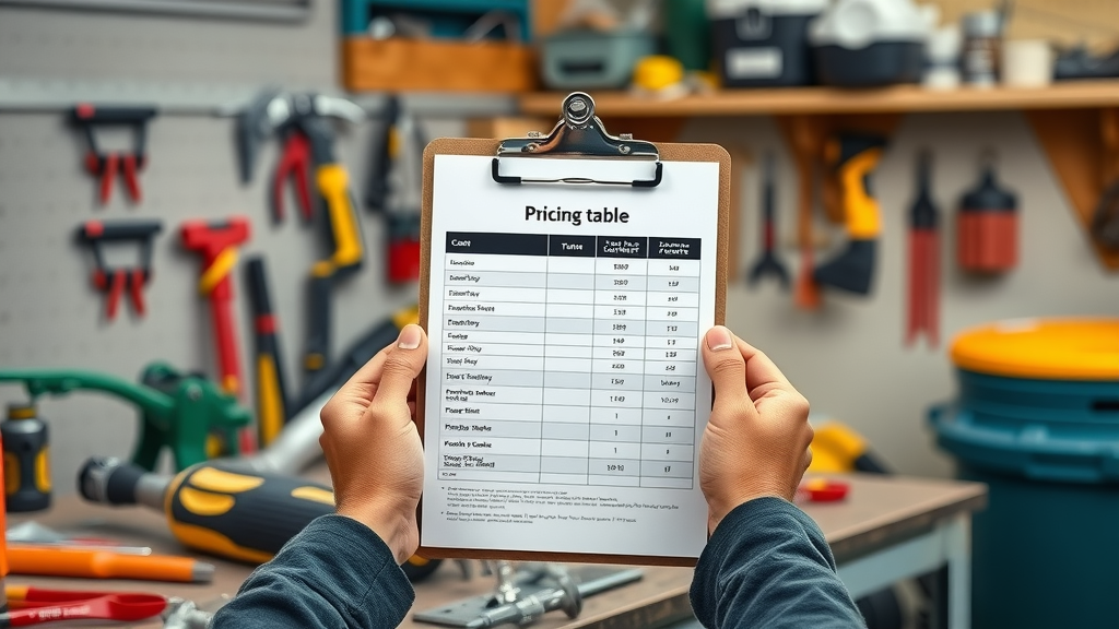 Gutter cleaning pricing table analyzed by technician in Eugene Oregon, clipboard and tools visible