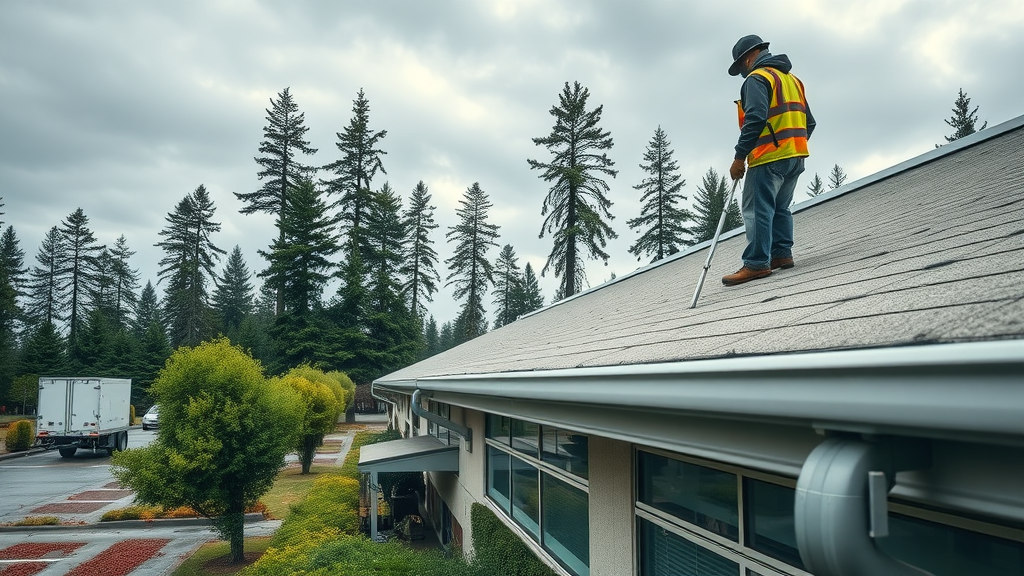Commercial gutter cleaning in Eugene Oregon at modern business property.