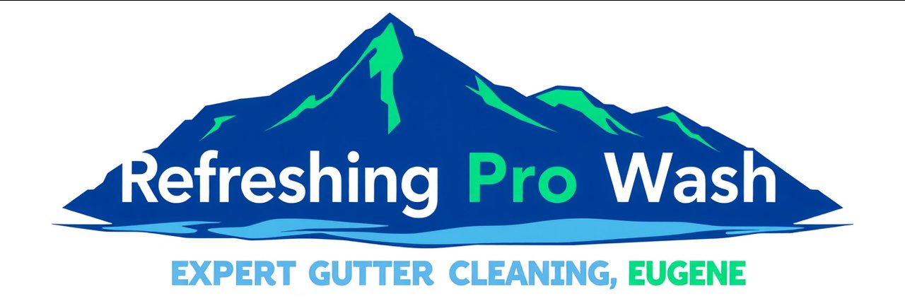 Modern logo for gutter cleaning Eugene Oregon with mountains and pressure washing wand.