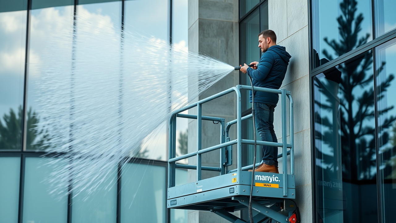 Pressure washing crew providing expert commercial building washing service.