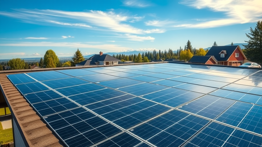 vivid rooftop solar panel array, clean panels gleaming under blue Oregon sky, residential home in Eugene Oregon with Cascade peaks in background