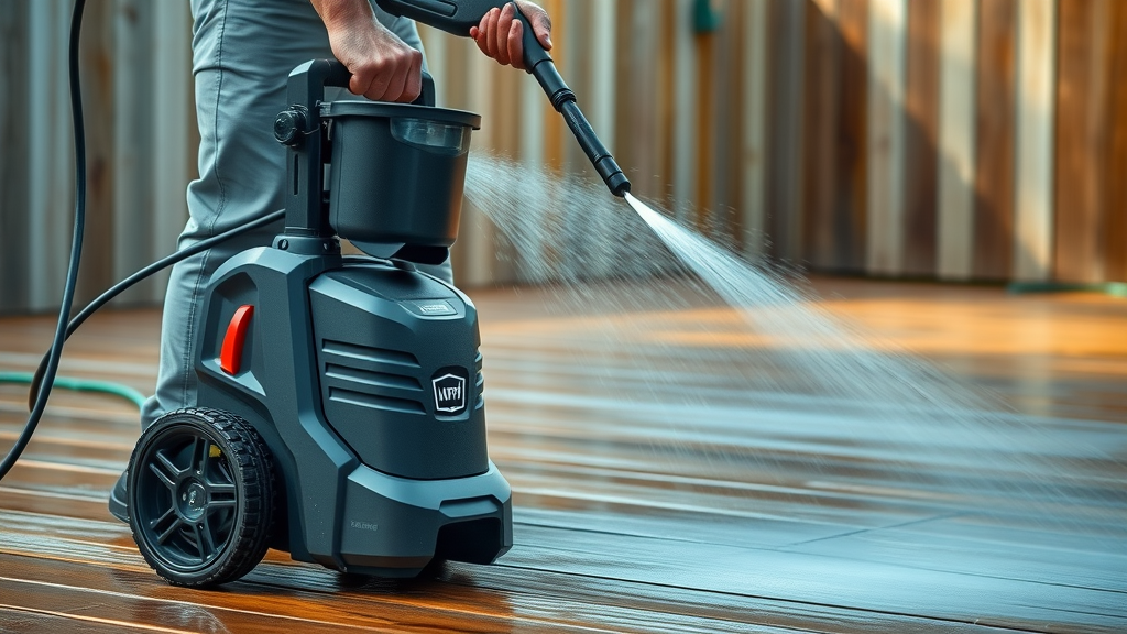 Modern pressure washer cleaning wooden deck, precise water spray, backyard setting, highlighting pressure washer action on outdoor surfaces