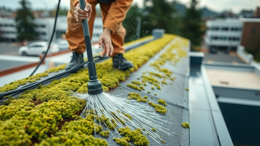 Technician performing commercial roof cleaning in Eugene, OR removing thick moss safely.