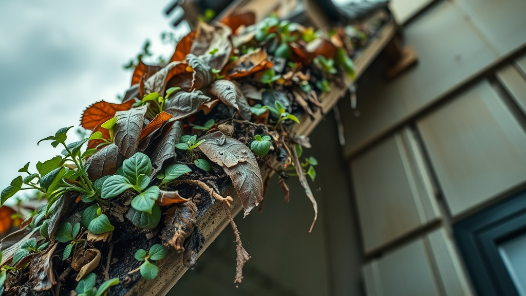 Clogged house gutters with debris and dirt, water overflowing, neglected and distressed, how often gutter cleaning