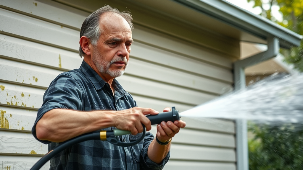 pressure washing professional in Eugene Oregon removing moss and grime from house siding, highlighting home exterior care with water spray in motion