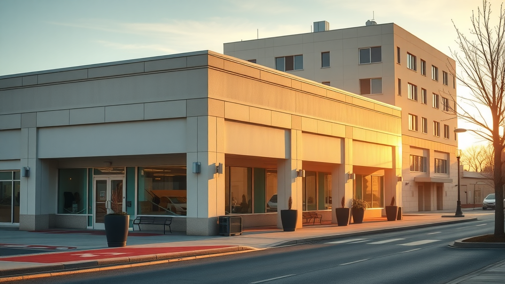 Sunrise over a freshly cleaned commercial building washed for curb appeal.
