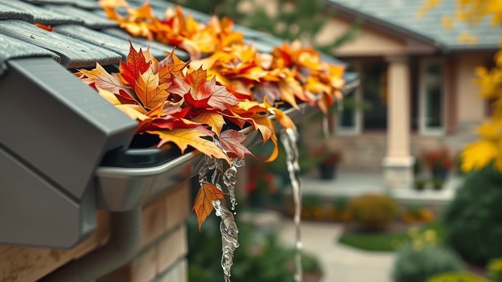 Close-up of a clogged gutter overflowing with autumn leaves, homeowner inspecting, water trickling, morning light, gutter cleaning facts