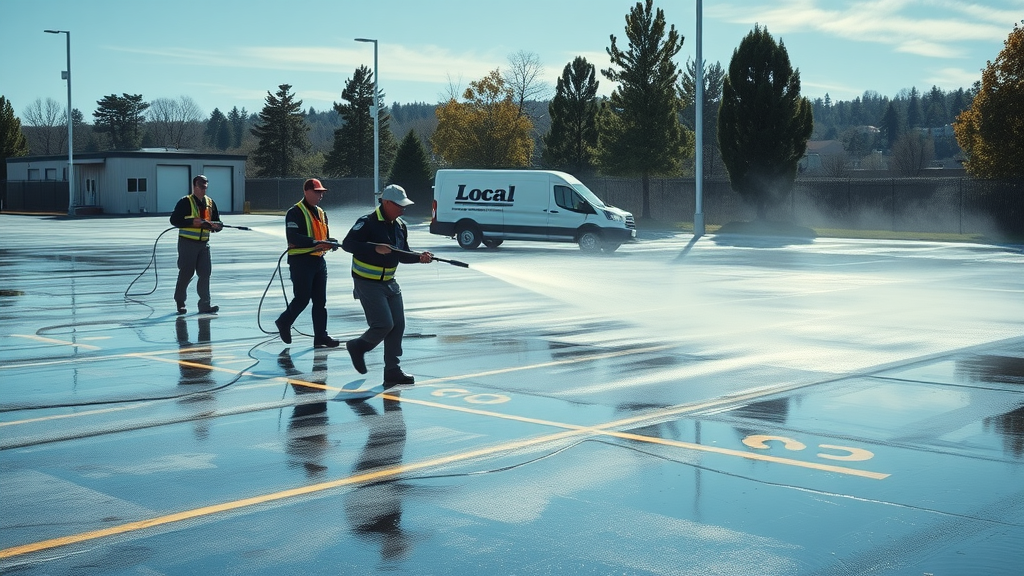 pressure washing service cleaning commercial parking lot in Eugene, Oregon with power washing equipment, fleet van and surrounding buildings.