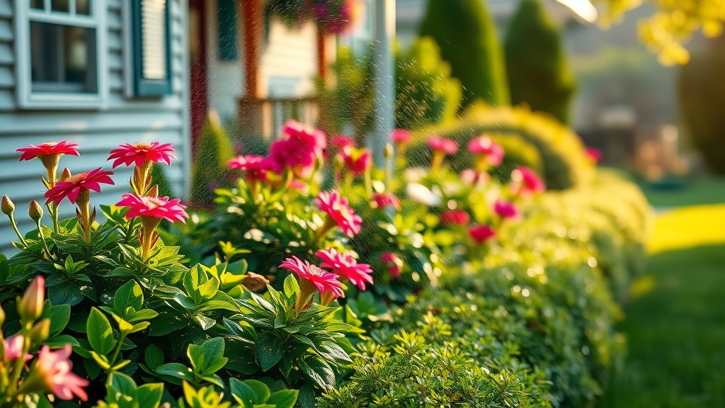 soft washing a house with flowerbeds and garden landscaping unharmed, gentle water spray