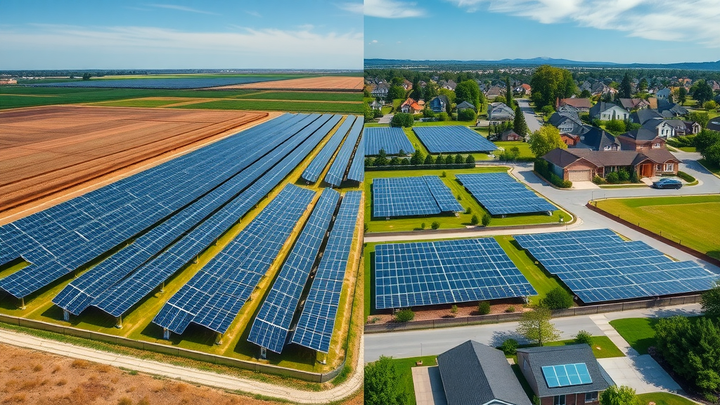 contrasting split scene large commercial solar farm small residential solar array cleaning frequency by environment