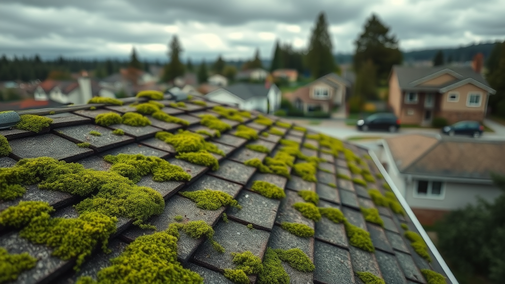 eugene oregon roof moss removal thick green moss on shingle roof under cloudy sky, showing water damage in Pacific Northwest neighborhood