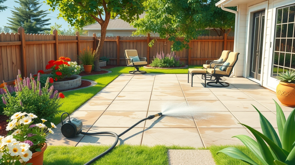 Backyard power washing cleaning concrete patio, homeowner learning if companies use their own water or client water for pressure washing