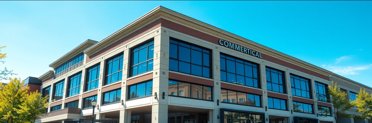 Commercial building washing logo with water waves, rooftops, and clean design.