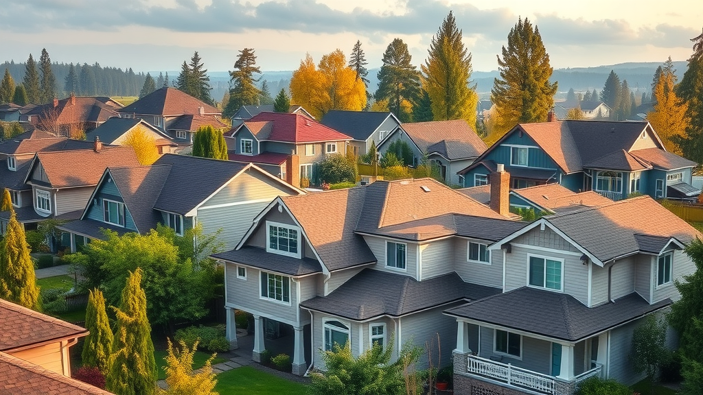 Eugene neighborhood with well-maintained clean residential roofs in morning light