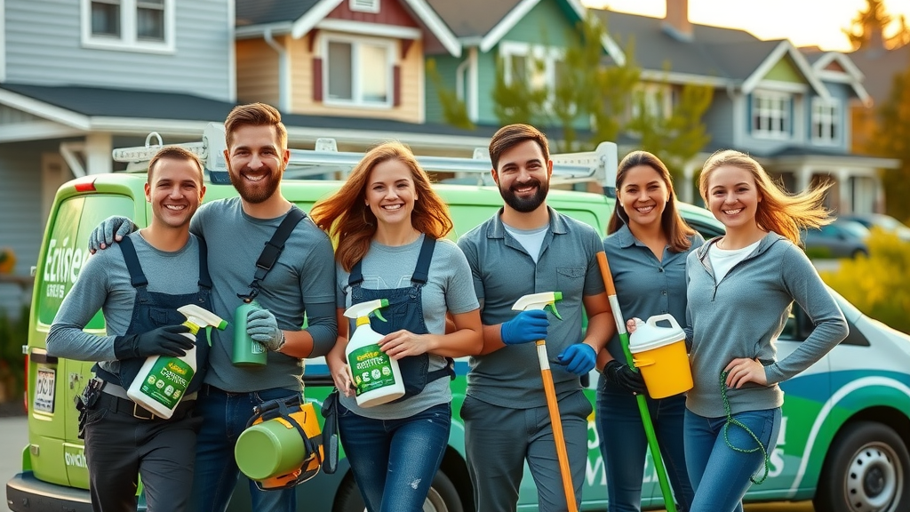 certified gutter cleaning eugene team with eco-friendly tools, smiling in front of Eugene homes and branded service van