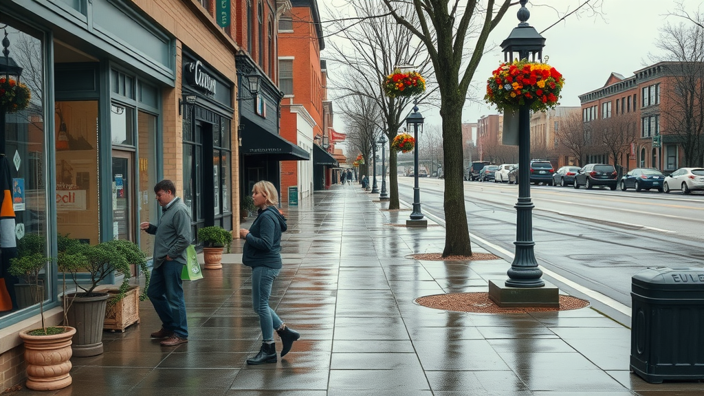 commercial pressure washing companies near me in Eugene, Oregon vibrant cityscape Eugene with mossy sidewalks and storefronts. Wet sidewalks and business owners inspecting exteriors.