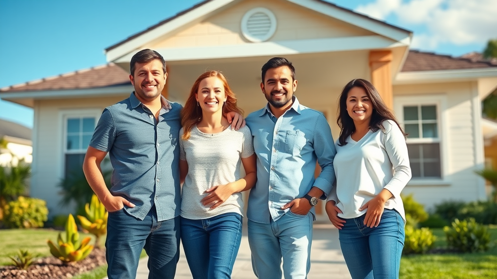 happy family in front of their spotless soft washed home showing pride and satisfaction