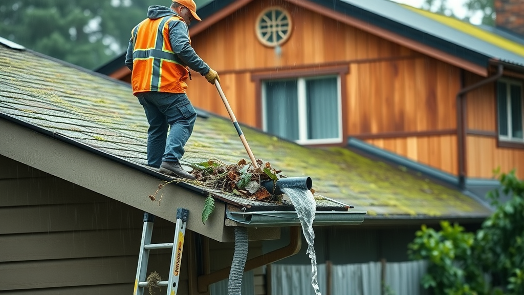 Rainy Eugene OR home professional residential gutter cleaning with safety gear
