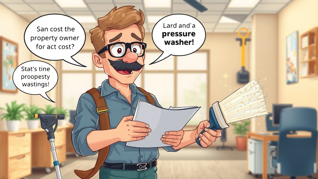 Motivated property owner comparing pressure washer to scrub brush, cost and time savings, main keyword: pressure washing saves time and money