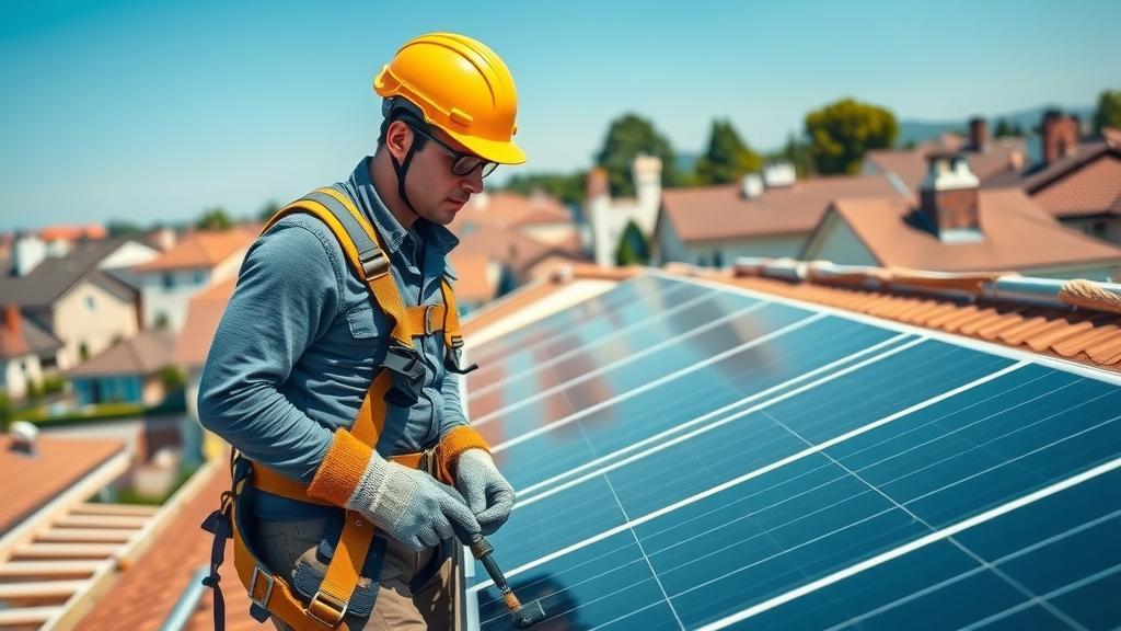 Solar panel worker on rooftop with safety harness, highlighting cleaning safety for rooftop solar panels