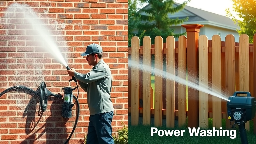 comparison of power wash and pressure washing in Eugene Oregon, technician cleaning brick wall and wooden fence