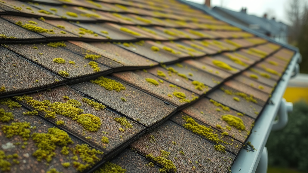 close-up of roof with moss and algae stains and clogged gutters, should you clean your roof