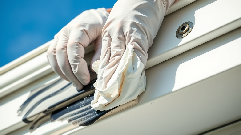 Hands applying baking soda paste to black streaks on aluminum gutters for how to clean gutter exterior, showing scrubbing action and determination. Competitor keyword: black streaks