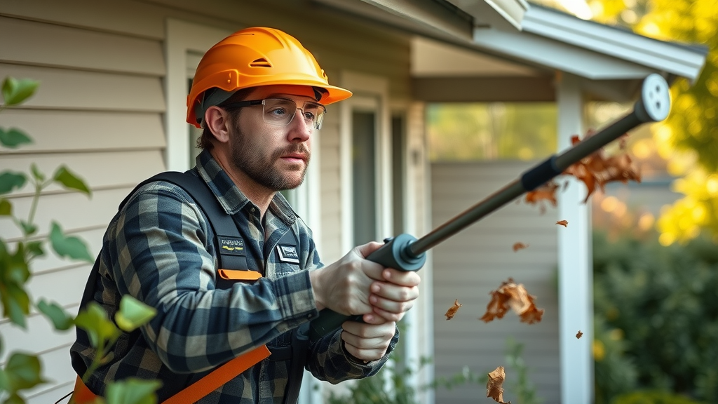 Eugene gutter cleaning tips, cleaning gutters from the ground, telescopic tool, removing leaves, modern home, garden, protective gear, clean gutters