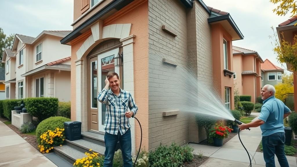 Striking before-and-after building facade, homeowner watching professionals power washing, main keyword: boost curb appeal with pressure wash