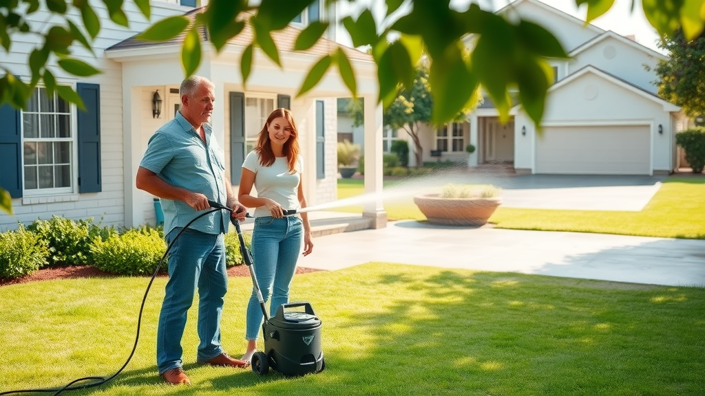 Bright, well-maintained suburban house exterior, homeowners observing pressure washing equipment, lush green lawn, clean driveway, vibrant daylight, how often do you pressure wash a house